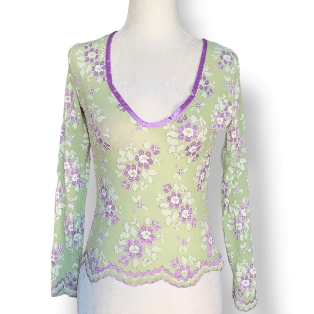 Y2K Ann Ferriday Sheer Floral V-Neck Blouse Green Purple Embroidered Small